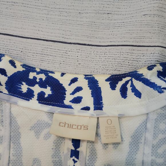 Chico's Size 0 Indigo Ink Alicia jacket Blue White Print Lightweight Clasp Close - Picture 5 of 9
